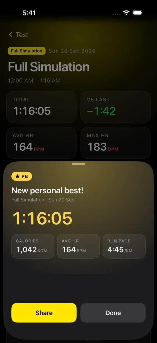 운동 끝 카드: New personal best! 1:16:05